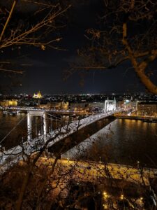 het uitzicht 's nachts over Boedapest van op de Gellertberg